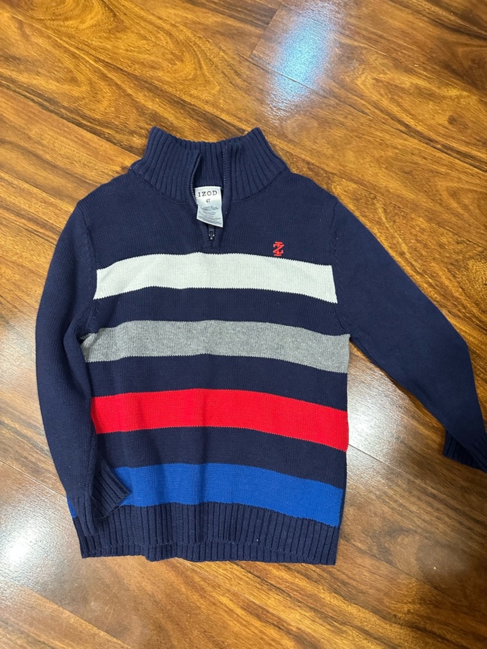 Izod Men's Navy Zip-Up Sweater with Red, Blue, Gray & Cream Stripes